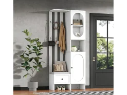 Armario blanco con 2 puertas, cajón, colgadores y banqueta, puerta de cristal 85x33,5x200cm