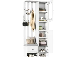 Armario blanco con 2 puertas, cajón, colgadores y banqueta, puerta de cristal 85x33,5x200cm