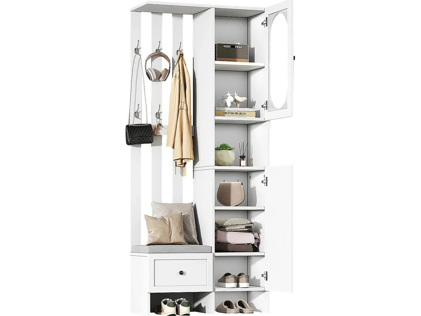 Armario blanco con 2 puertas, cajón, colgadores y banqueta, puerta de cristal 85x33,5x200cm