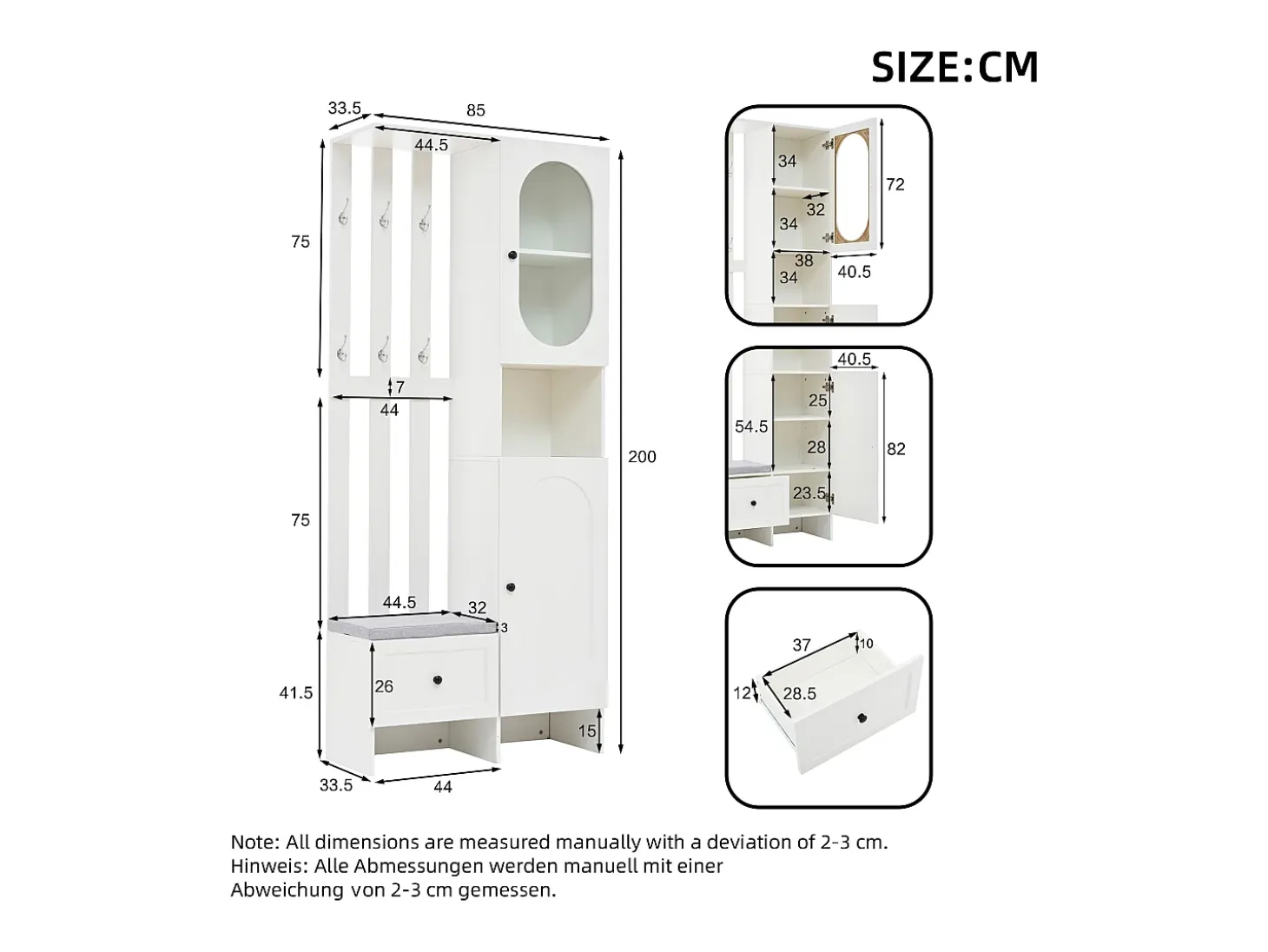 Armario blanco con 2 puertas, cajón, colgadores y banqueta, puerta de cristal 85x33,5x200cm