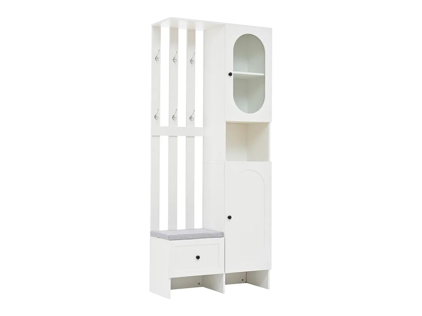 Armario blanco con 2 puertas, cajón, colgadores y banqueta, puerta de cristal 85x33,5x200cm