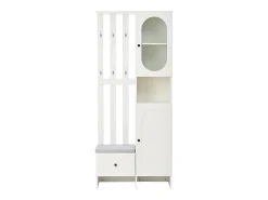 Armario blanco con 2 puertas, cajón, colgadores y banqueta, puerta de cristal 85x33,5x200cm