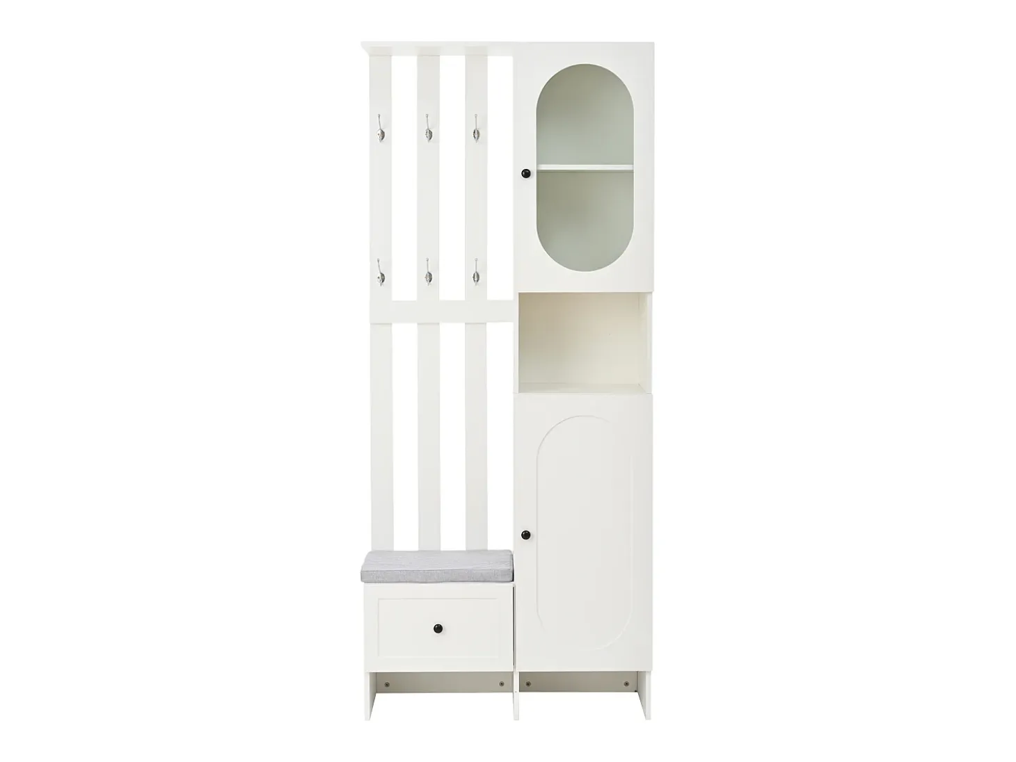 Armario blanco con 2 puertas, cajón, colgadores y banqueta, puerta de cristal 85x33,5x200cm
