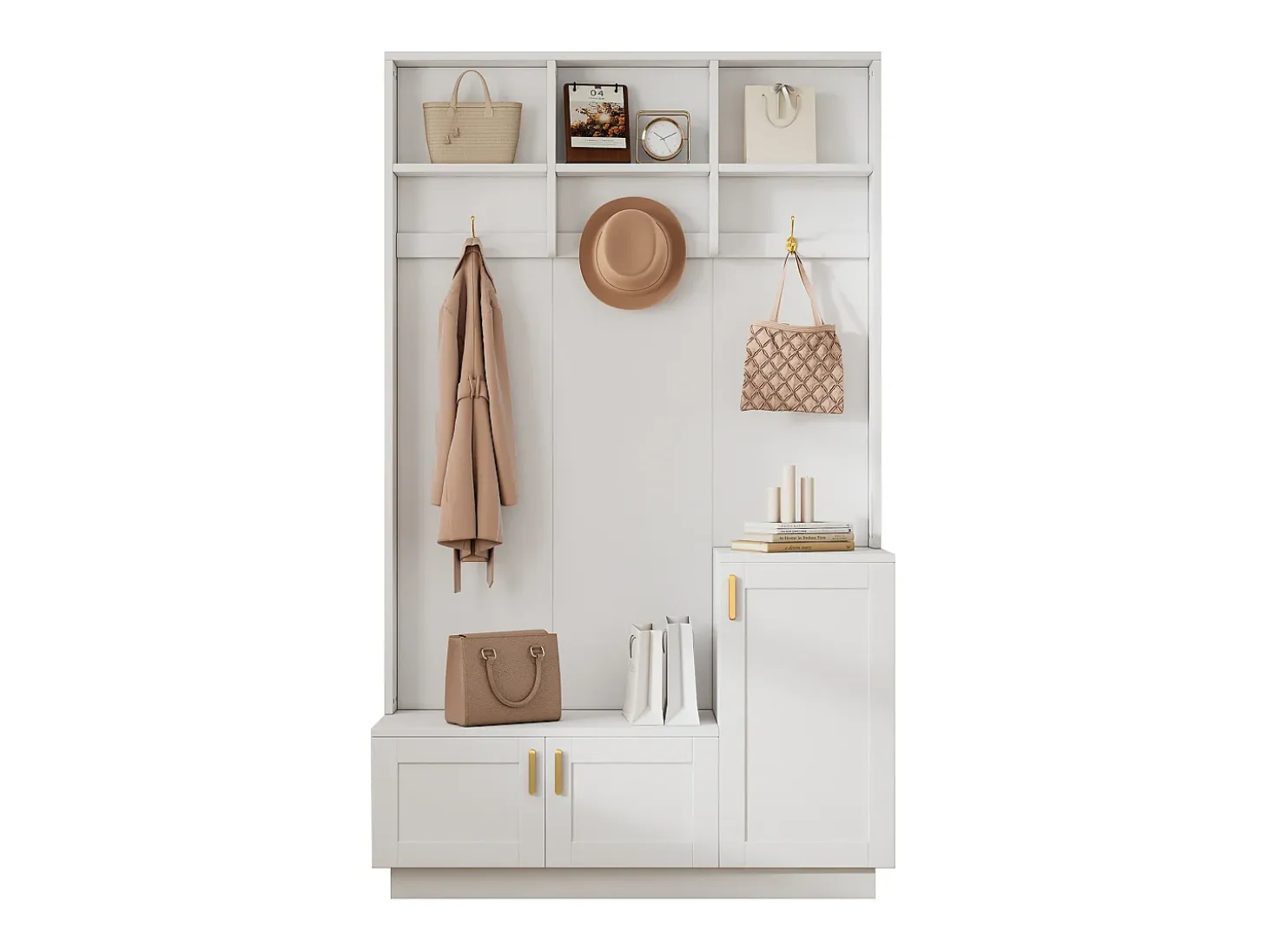 Armario blanco con 3 puertas, 3 ganchos y almacenaje abierto, 120x40x200 cm