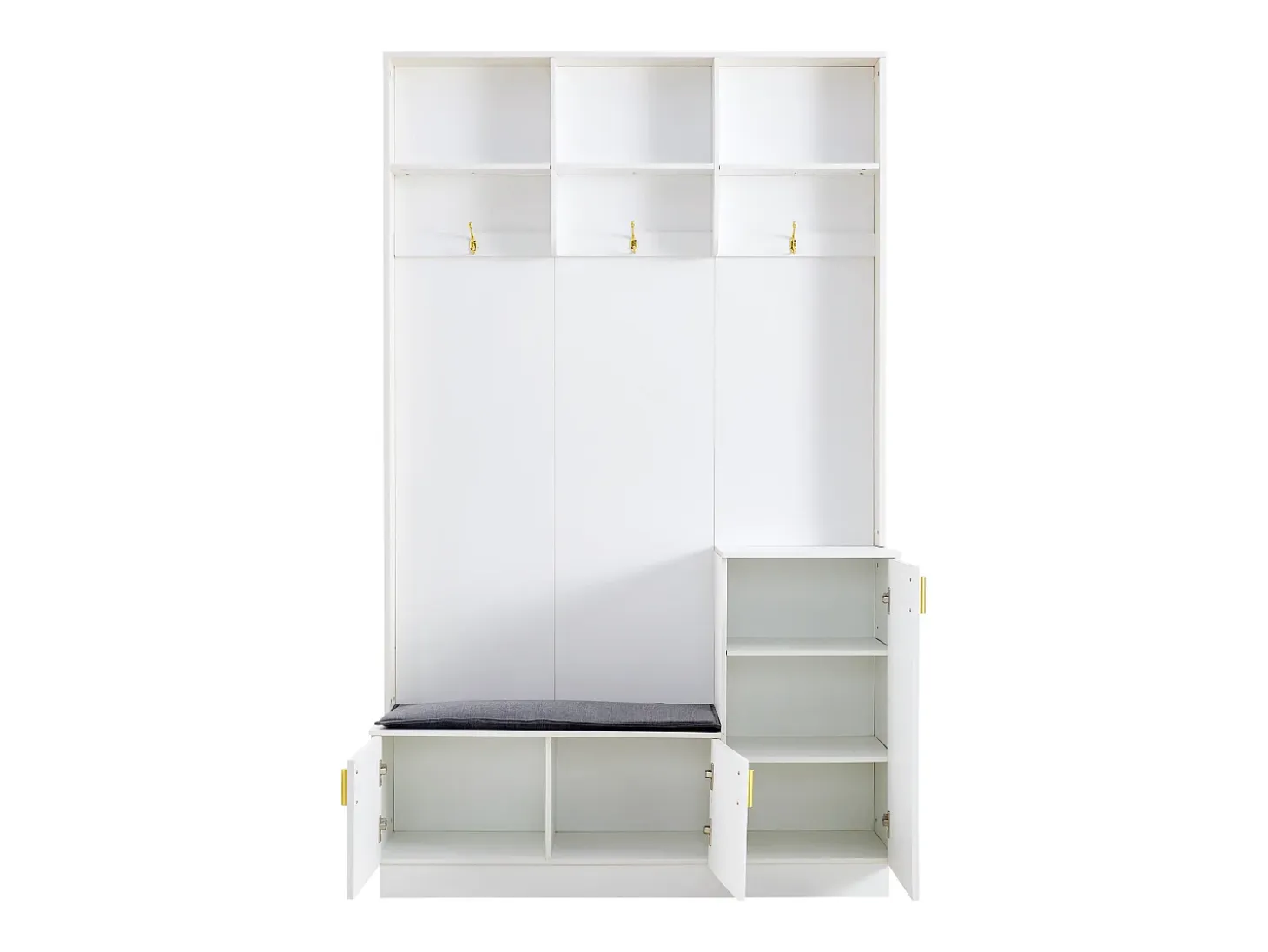 Armario blanco con 3 puertas, 3 ganchos y almacenaje abierto, 120x40x200 cm