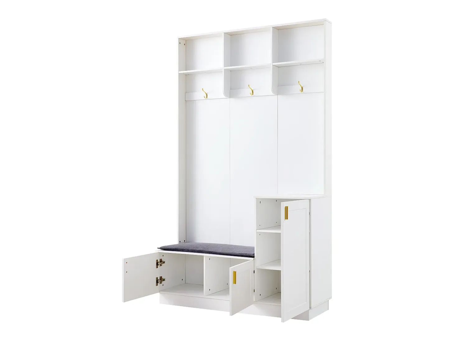 Armario blanco con 3 puertas, 3 ganchos y almacenaje abierto, 120x40x200 cm