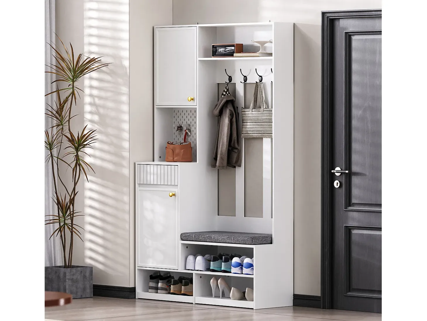 Armario blanco con 2 puertas, 1 cajón, 4 ganchos y 1 banco, 100x30x180cm