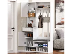 Armario blanco con 2 puertas, 1 cajón, 4 ganchos y 1 banco, 100x30x180cm