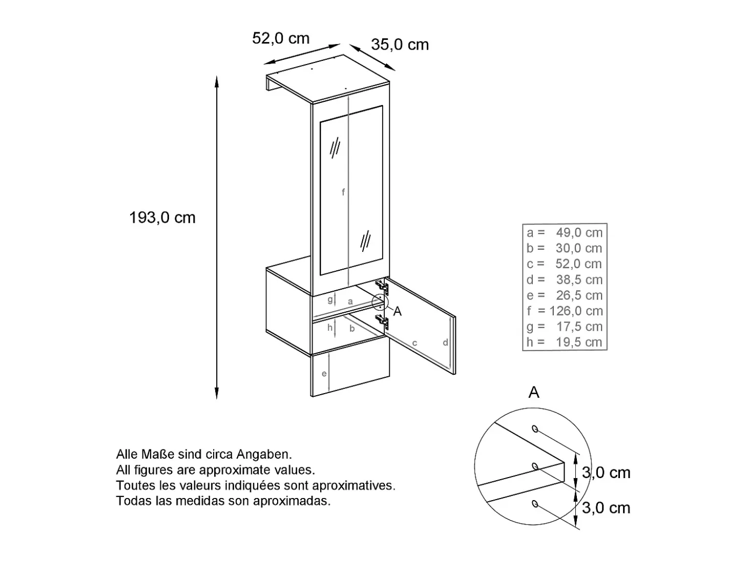 Armario Carlton Neo, Perchero de pared con panel de vestíbulo, espejo, barra para ropa y armario de pared, antracita mate (52 x 193 x 35 cm)