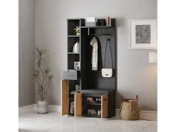 Armario con 2 ganchos - 80 x 35 x 175 cm - con banco zapatero + mueble + 1 cajón - aglomerado - negro