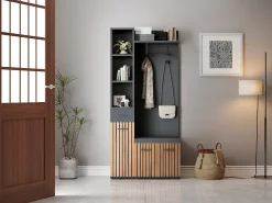 Armario con 2 ganchos - 80 x 35 x 175 cm - con banco zapatero + mueble + 1 cajón - aglomerado - negro