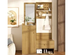Armario con espejo - 105 x 38 x 180 cm - con ganchos + 2 cajones + 1 puerta - aglomerado - natural