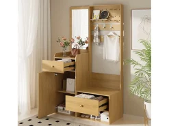 Armario con espejo - 105 x 38 x 180 cm - con ganchos + 2 cajones + 1 puerta - aglomerado - natural