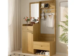 Armario con espejo - 105 x 38 x 180 cm - con ganchos + 2 cajones + 1 puerta - aglomerado - natural