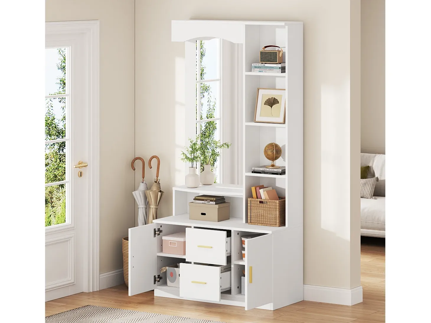 Armario con espejo, 2 cajones y 2 puertas - Blanco 90 x 40 x 180 cm