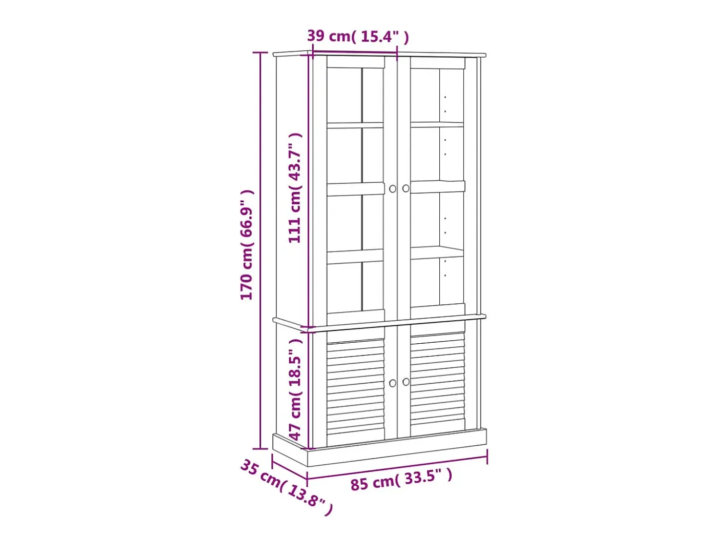 Armario con vitrina VIGO madera maciza pino gris 85x35x170 cm