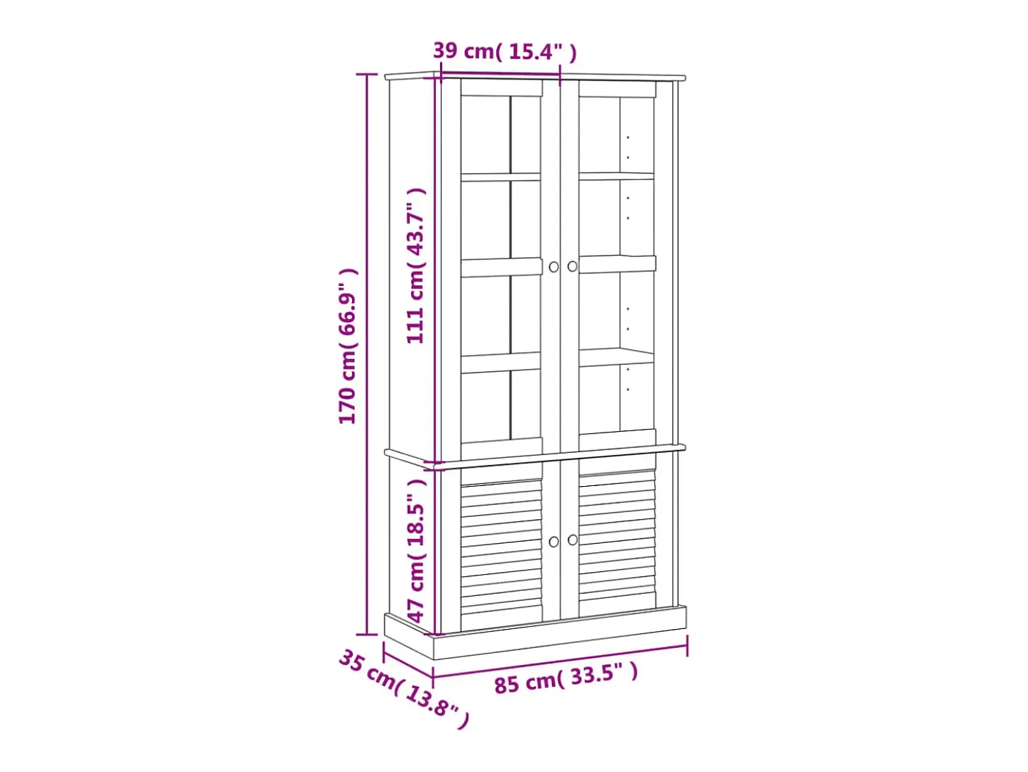 Armario con vitrina VIGO madera maciza de pino 85x35x170 cm