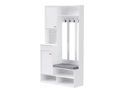 Armario de entrada completo con banco, 4 ganchos, puertas y cajones, MDF, blanco (100x180x35cm)