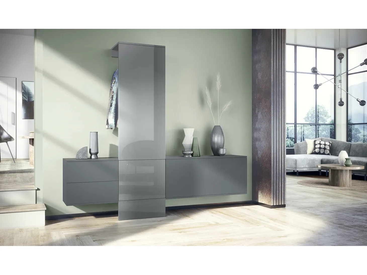 Armario de pared Carlton Set 1, Cuerpo en antracita mate / Panel en gris de alto brillo (208 x 193 x 35 cm)