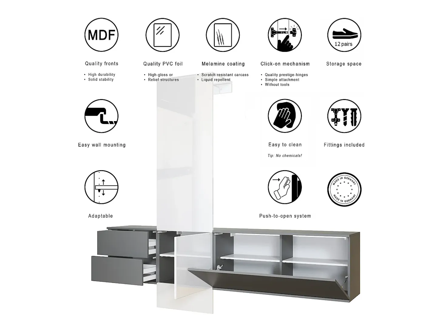Armario de pared Carlton Set 1, Cuerpo en antracita mate / Panel en gris de alto brillo (208 x 193 x 35 cm)