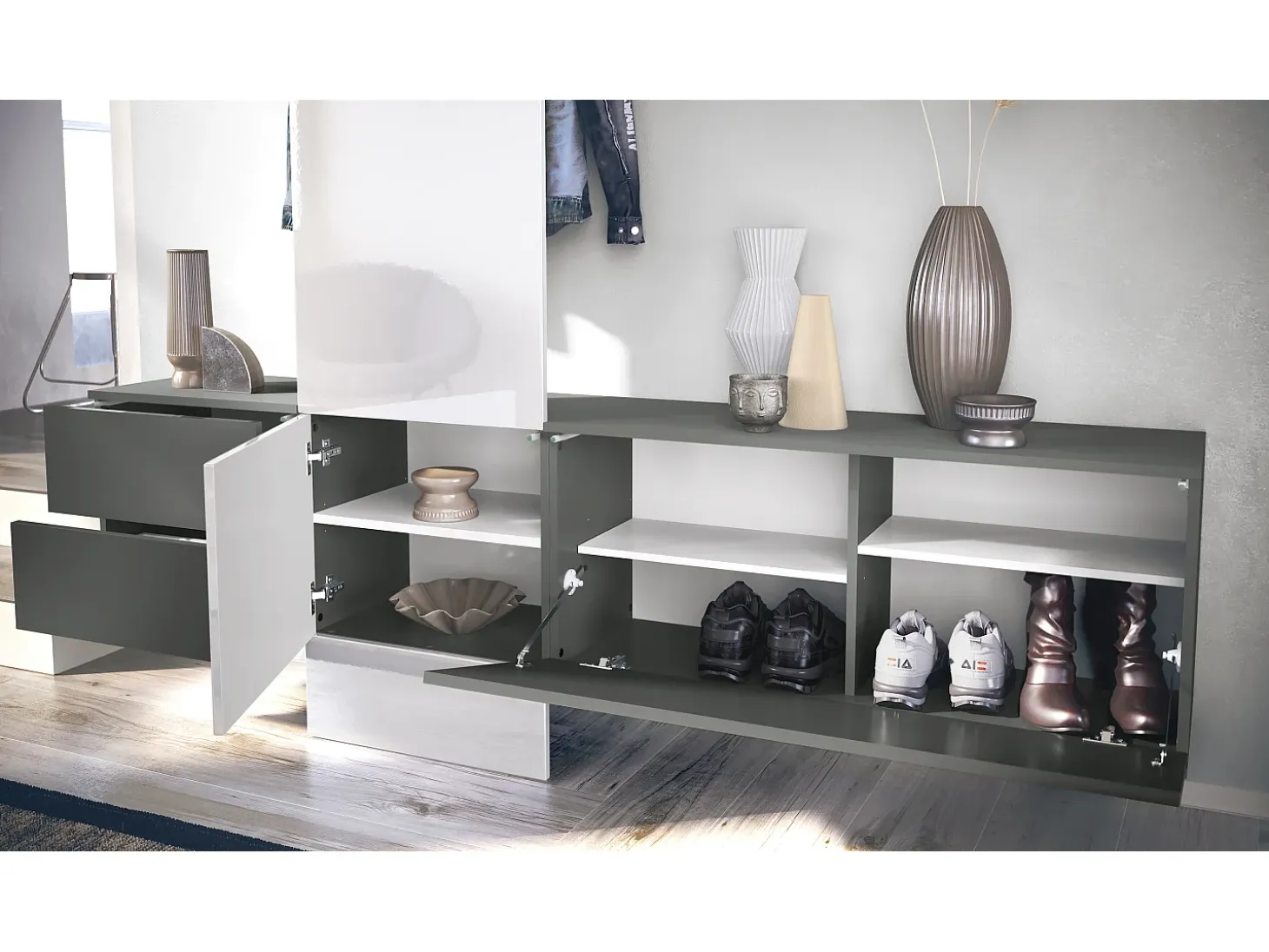 Armario de pared Carlton Set 1, Cuerpo en antracita mate / Panel en gris de alto brillo (208 x 193 x 35 cm)