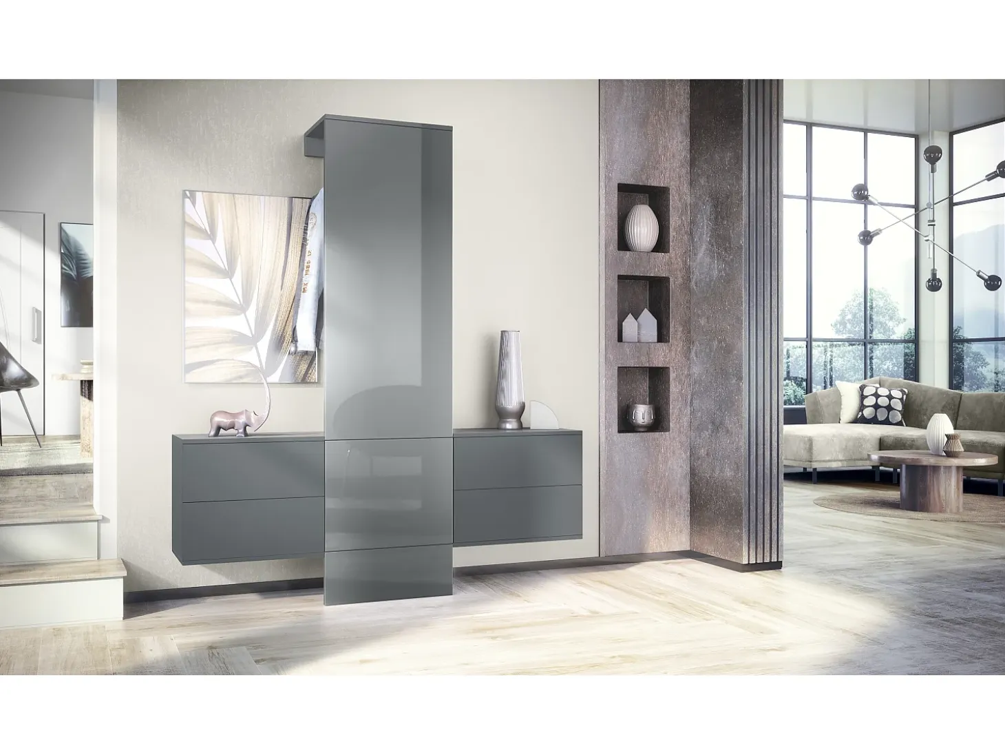 Armario de pared Carlton Set 3, Cuerpo en antracita mate / Panel en gris de alto brillo (157 x 193 x 35 cm)