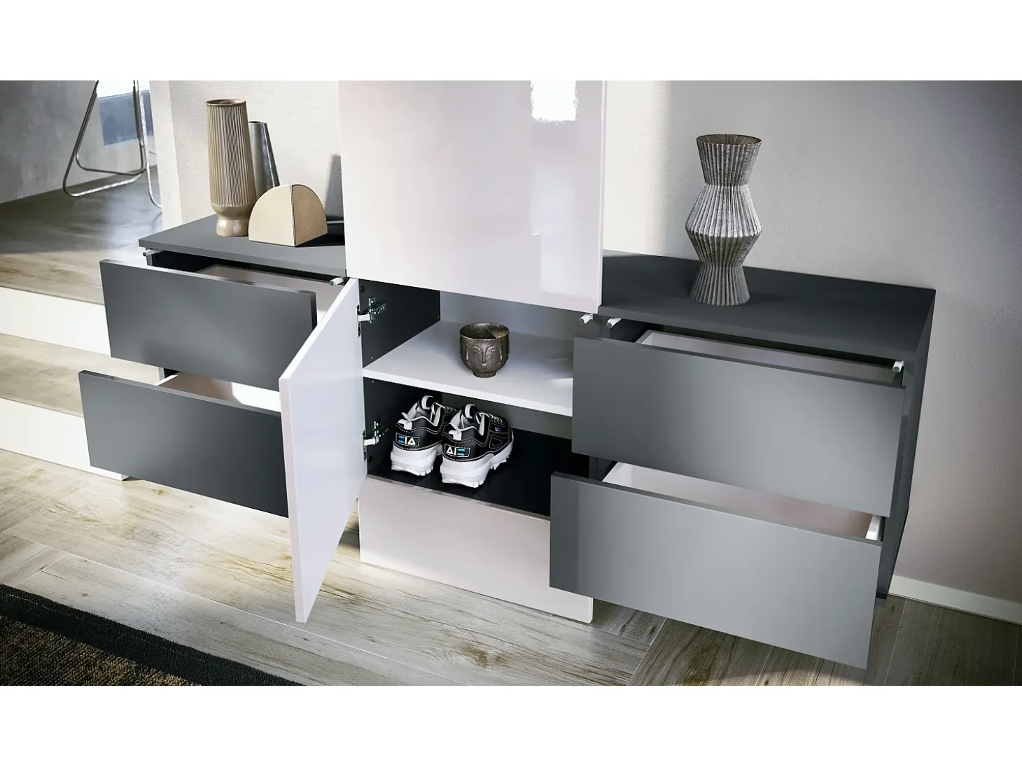 Armario de pared Carlton Set 3, Cuerpo en antracita mate / Panel en grafito satinado (157 x 193 x 35 cm)