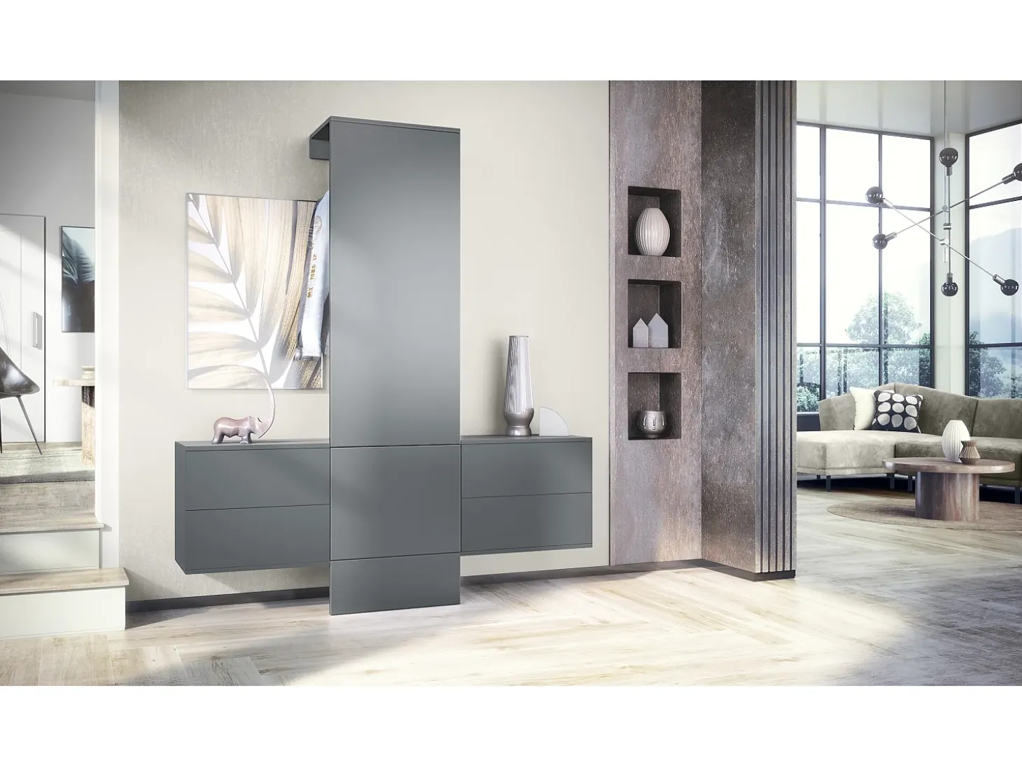 Armario de pared Carlton Set 3, Cuerpo en antracita mate / Panel en grafito satinado (157 x 193 x 35 cm)