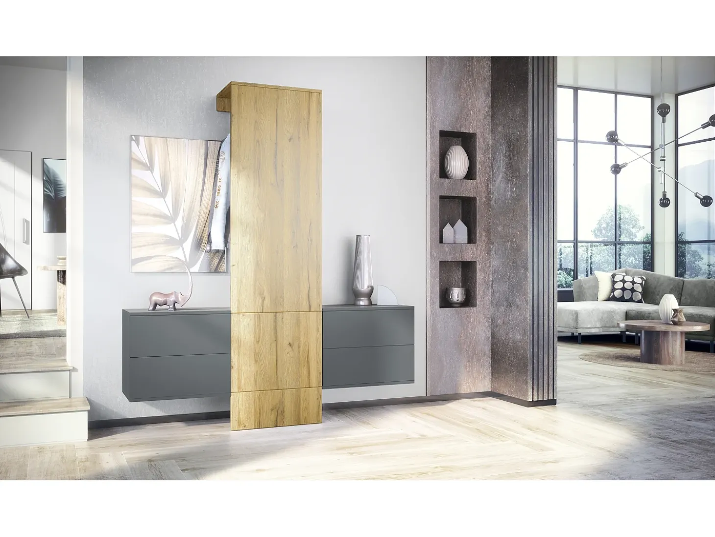 Armario de pared Carlton Set 3, Cuerpo en antracita mate / Panel en roble natural (157 x 193 x 35 cm)