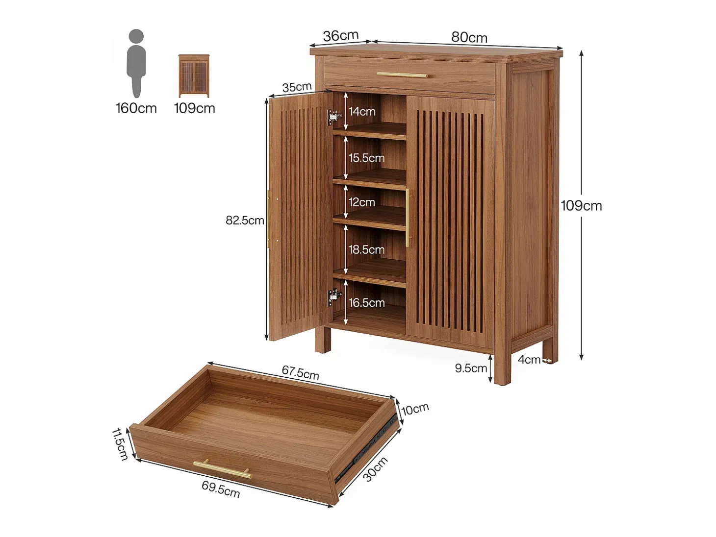 Armario de zapatos estrecho de 5 niveles con puertas de listones y cajón, 80 x 36 x 110 cm, marrón