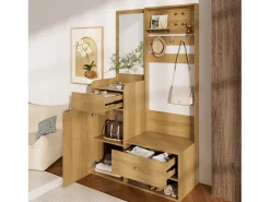 Armario moderno - 105 x 38 x 180 cm - con espejo + ganchos ajustables + 1 puerta + 2 cajones + banco - aglomerado - natural