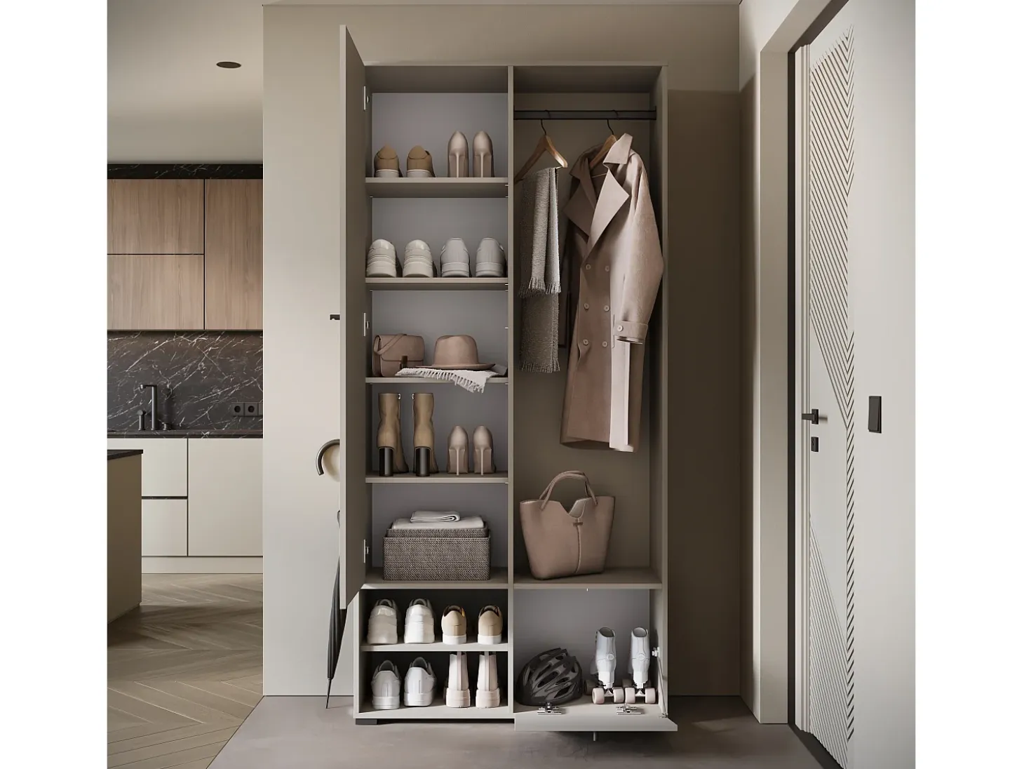 Armario moderno 90 cm armario de entrada con espejo estantes y barra mate beige cachemira