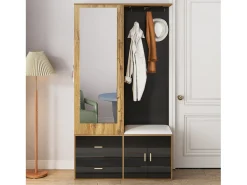 Armario multifunción con espejo, zapatero y banco de almacenaje, negro y madera, (100x38x180 cm)