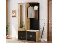 Armario multifunción con espejo, zapatero y banco de almacenaje, negro y madera, (100x38x180 cm)