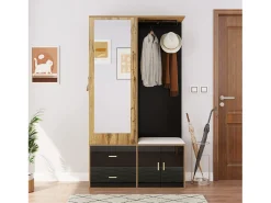 Armario multifunción con espejo, zapatero y banco de almacenaje, negro y madera, (100x38x180 cm)