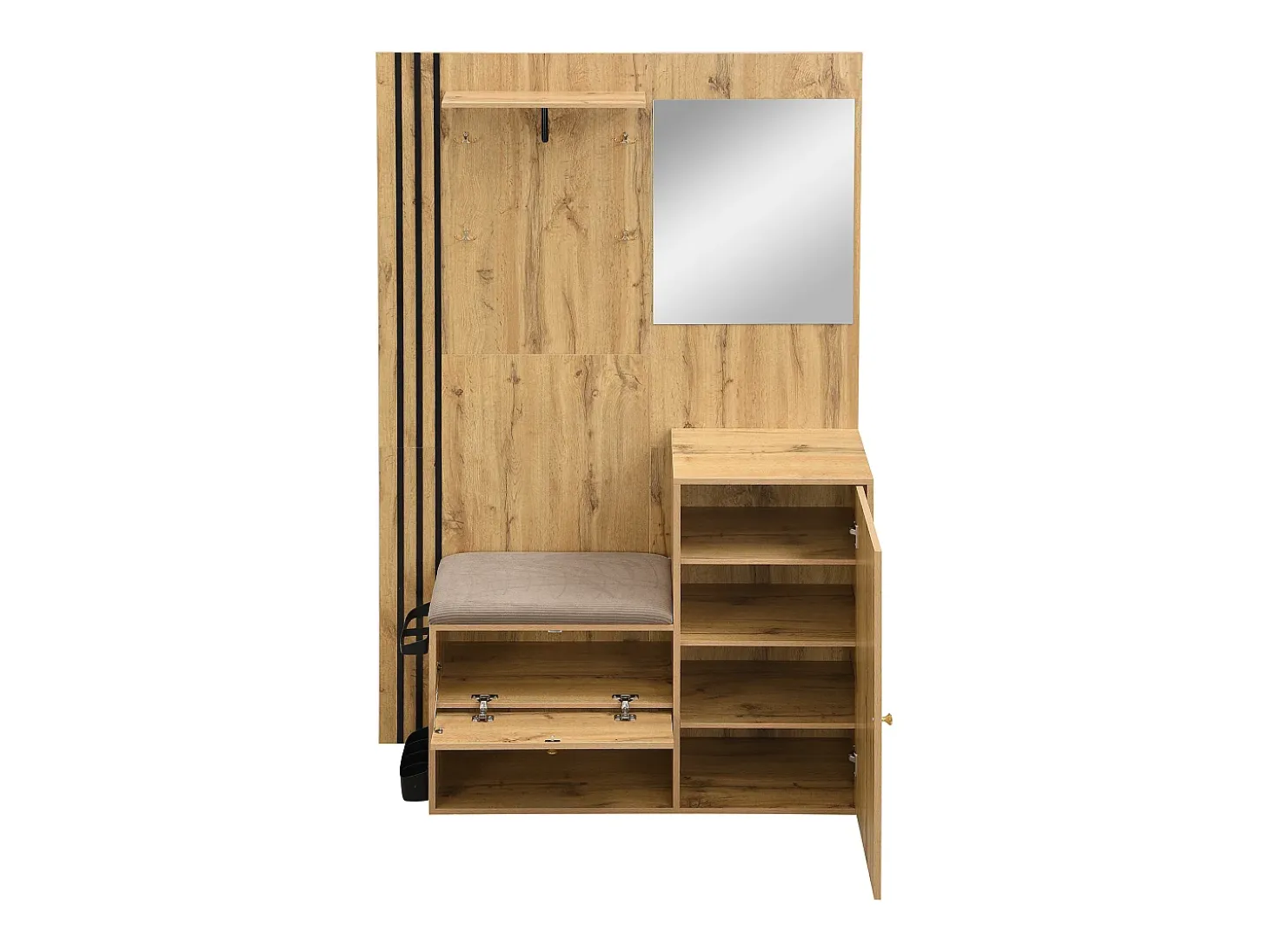 Armario natural con 2 puertas, espejo, paragüero y banco zapatero, multifuncional 115 x 37 x 185