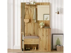 Armario natural con 2 puertas, espejo, paragüero y banco zapatero, multifuncional 115 x 37 x 185