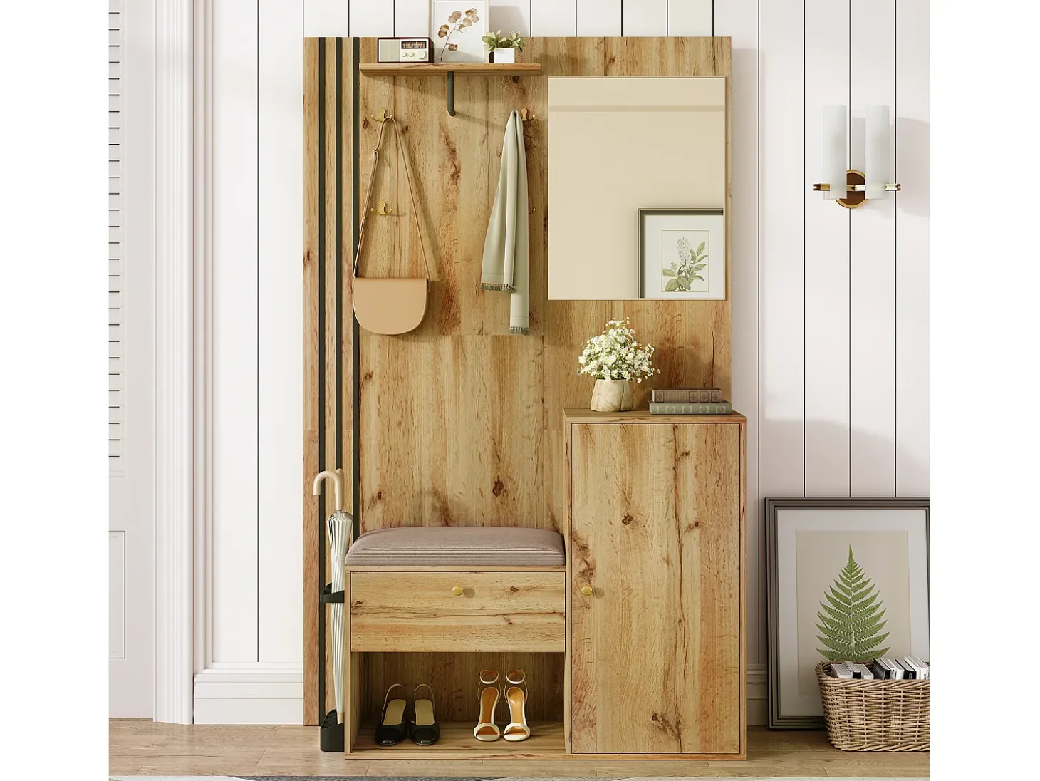 Armario natural con 2 puertas, espejo, paragüero y banco zapatero, multifuncional 115 x 37 x 185
