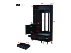 Armario negro con 1 puerta, 2 cajones, 4 ganchos y 1 banco 100x35x180 cm