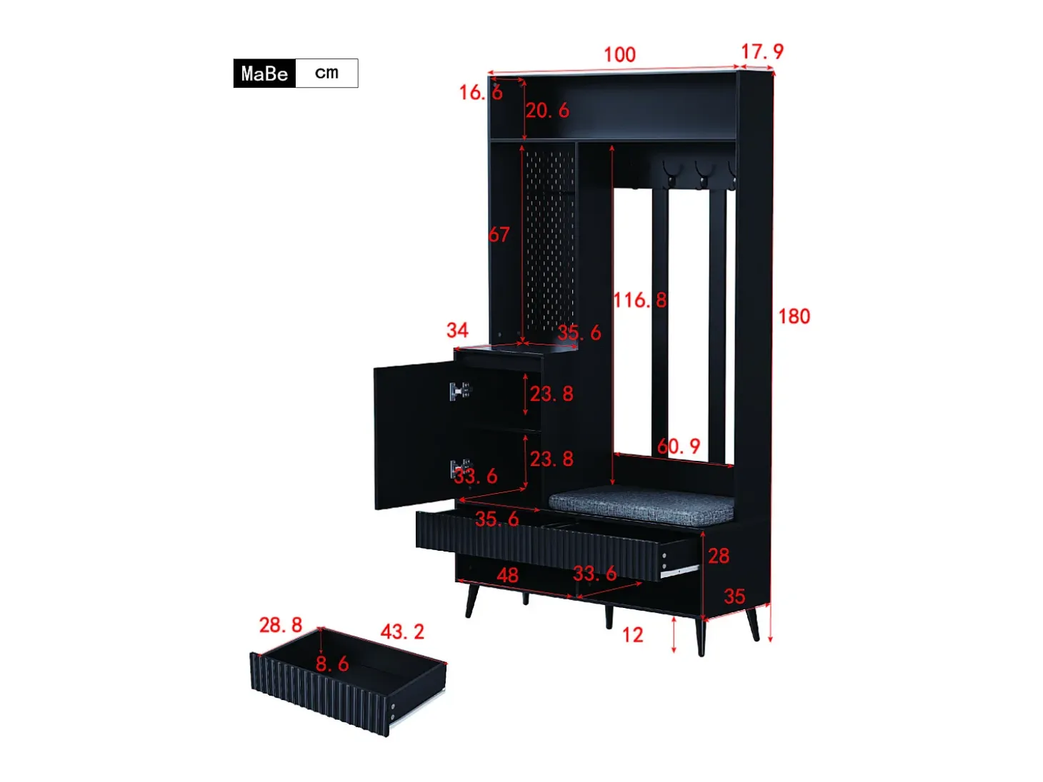 Armario negro con 1 puerta, 2 cajones, 4 ganchos y 1 banco 100x35x180 cm