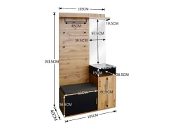 Armario negro y madera con espejo, 2 puertas, banqueta y 4 ganchos 105x40x191,5cm