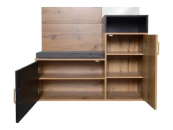 Armario negro y madera con espejo, 2 puertas, banqueta y 4 ganchos 105x40x191,5cm