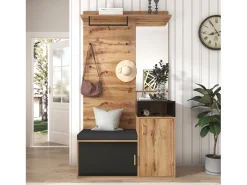 Armario negro y madera con espejo, 2 puertas, banqueta y 4 ganchos 105x40x191,5cm