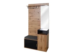 Armario negro y madera con espejo, 2 puertas, banqueta y 4 ganchos 105x40x191,5cm