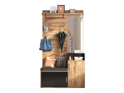 Armario negro y madera con espejo, 2 puertas, banqueta y 4 ganchos 105x40x191,5cm