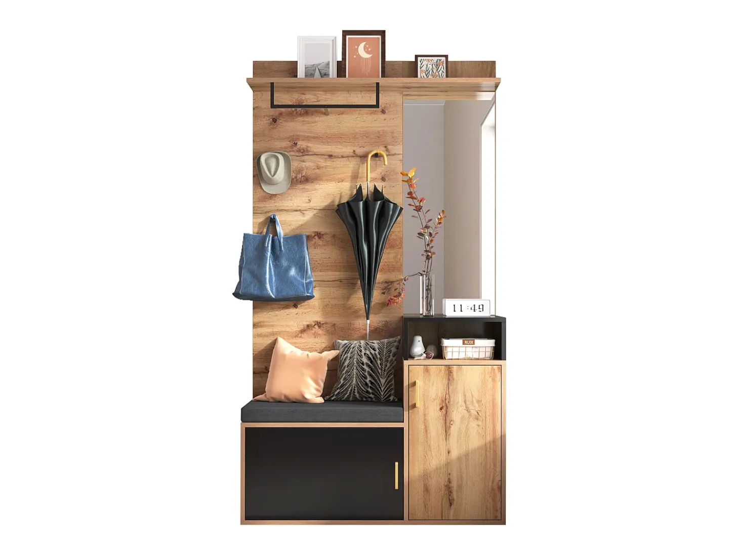 Armario negro y madera con espejo, 2 puertas, banqueta y 4 ganchos 105x40x191,5cm