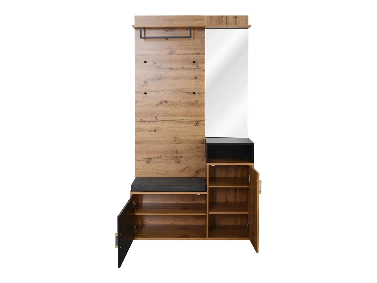 Armario negro y madera con espejo, 2 puertas, banqueta y 4 ganchos 105x40x191,5cm