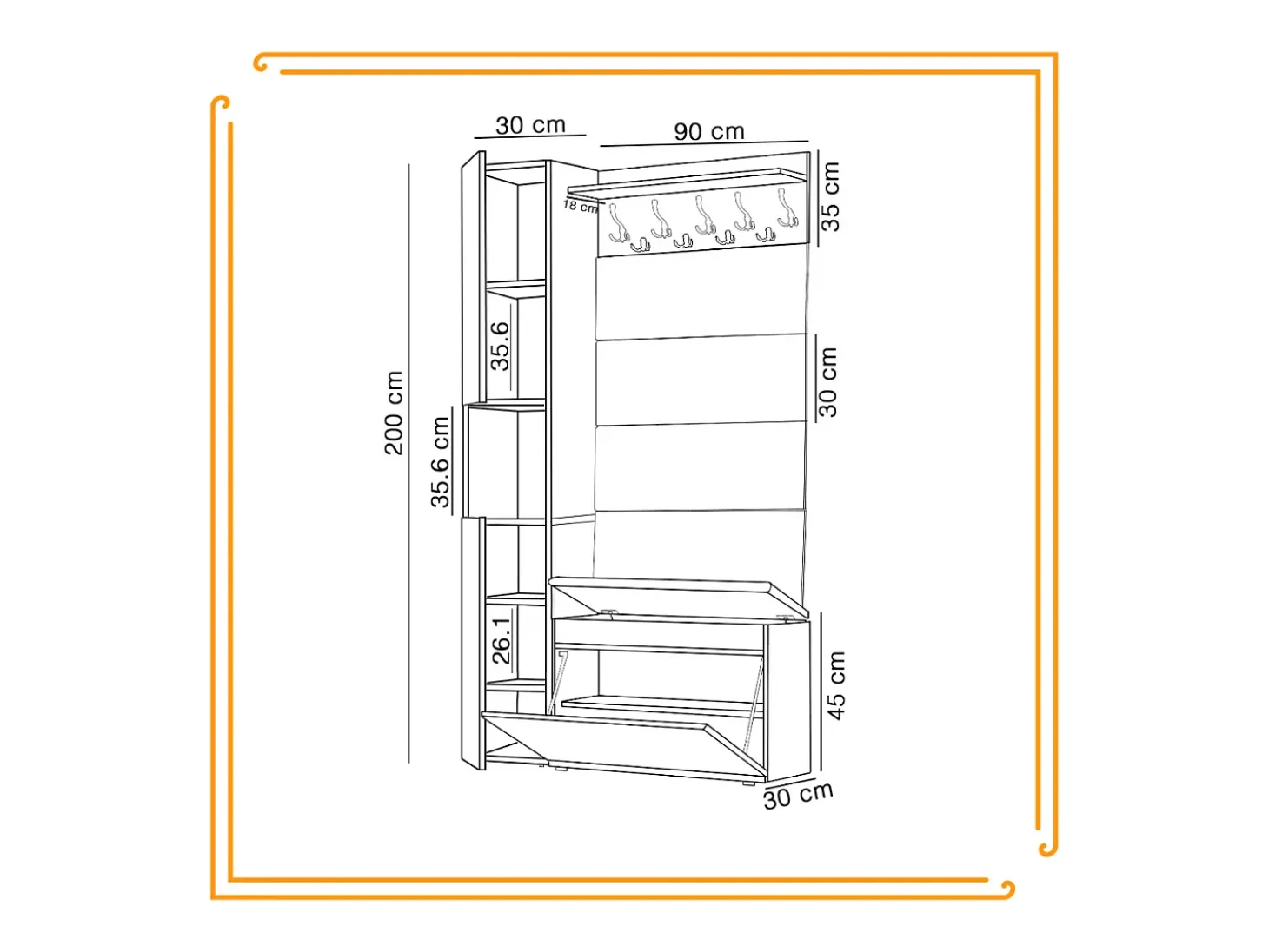 Armario para el recibidor con asiento, perchero, panel tapizado en Dorado Craft y Negro