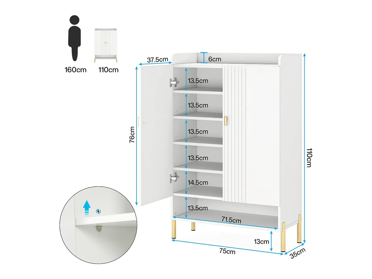Armario para zapatos, mueble de almacenamiento para zapatos de 6 niveles con estantes ajustables, blanco