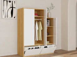 Armario vestidor con 3 puertas, 1 perchero y 2 compartimentos - Blanco y natural - NYVELA